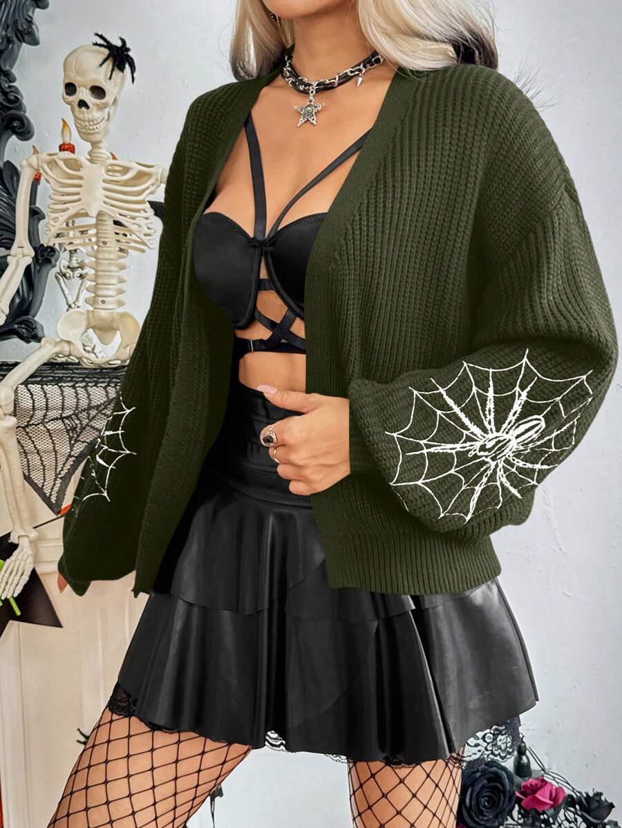 SHEIN LUNE 女士宽松蜘蛛网图案休闲开衫,适合万圣节 - 軍綠色 - 查看 1