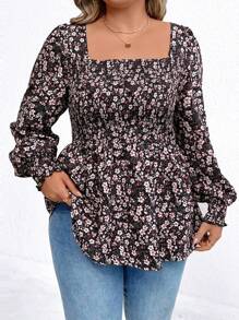 SHEIN LUNE Plus Size Square Neckline Long Sleeve Floral All-Over Print Top, Casual Everyday Wear - Multicolor - View 6
