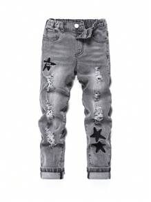 SHEIN Explorewe Young Boy New Light Grey Star Embroidery Versatile Jeans,Holiday,Summer,Travel - Light Grey - View 1