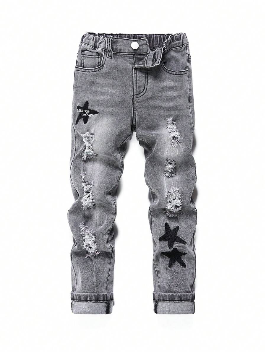 SHEIN Explorewe Young Boy New Light Grey Star Embroidery Versatile Jeans,Holiday,Summer,Travel - Light Grey - View 1