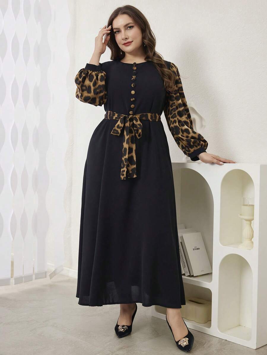 Modelyn 豹纹拼布圆领收腰中长连衣裙，秋冬季，端庄优雅的 A 字长裙，适合休闲日常长款晚礼服 - 黑色 - 查看 1