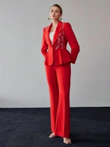 MOTF PREMIUM PEAK COLLAR RHINESTONE DETAIL RUFFLE HEM PARTY BLAZER - Red - View 8