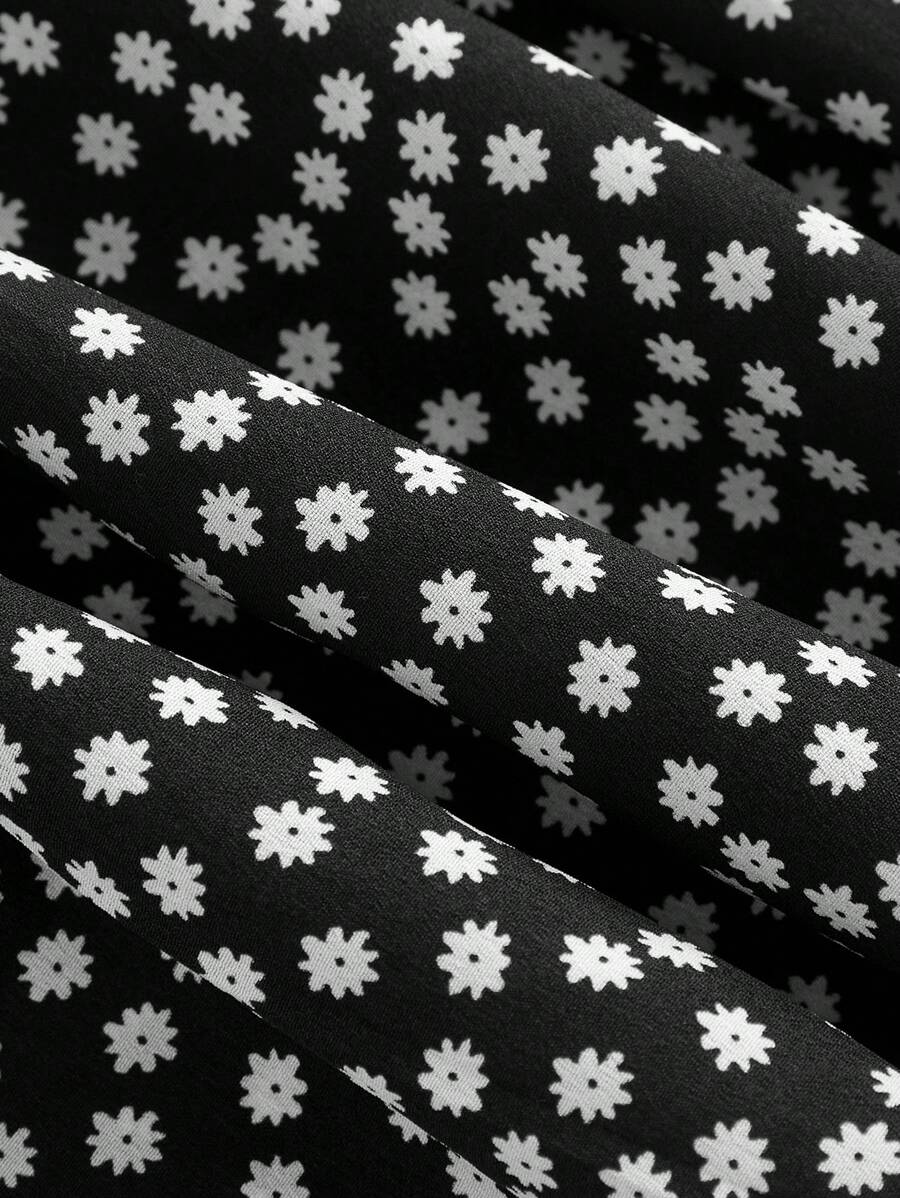 SHEIN MOD Robe midi romantique blanche et noire ?� fleurs en pointill?�s avec un n??ud blanc, pour 