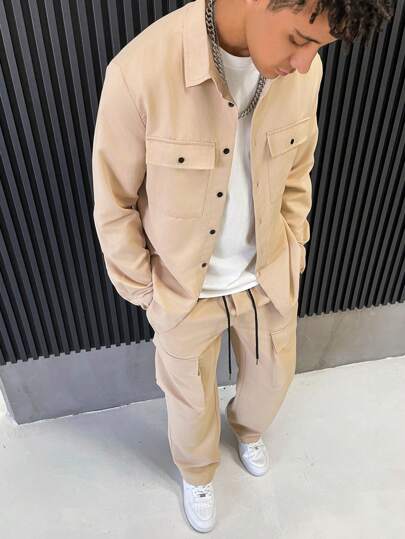 Manfinity Hypemode 2 件套男士休闲日常纯色纽扣前口袋衬衫和裤子套装秋季