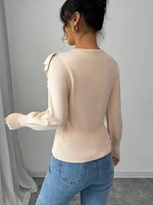 SHEIN Unity 1件女士纯色荷叶边圆领休闲套头毛衣，针织套头衫，秋冬季 - 杏色 - 查看 2