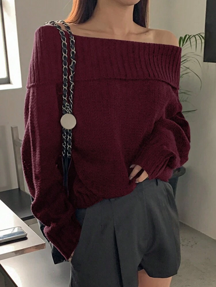Women's Plain Color Off Shoulder Loose Casuals Sweater, Autumn/Winter,Long Sleeve Tops,Fall Women Clothes,New Year