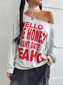 StreetHx 女士宽松不对称肩部字母印花套头卫衣，秋季款 - 白色 - 查看 4