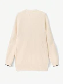 SHEIN Unity 女士休闲撞色边饰双口袋开衫，秋冬 - 黑與白 - 查看 2
