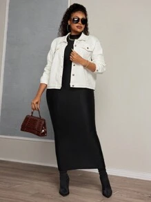 SHEIN LUNE Plus Size Women Elastic Denim White Fashion Christmas Women Thanksgiving Women Versatile Jacket - White - View 5