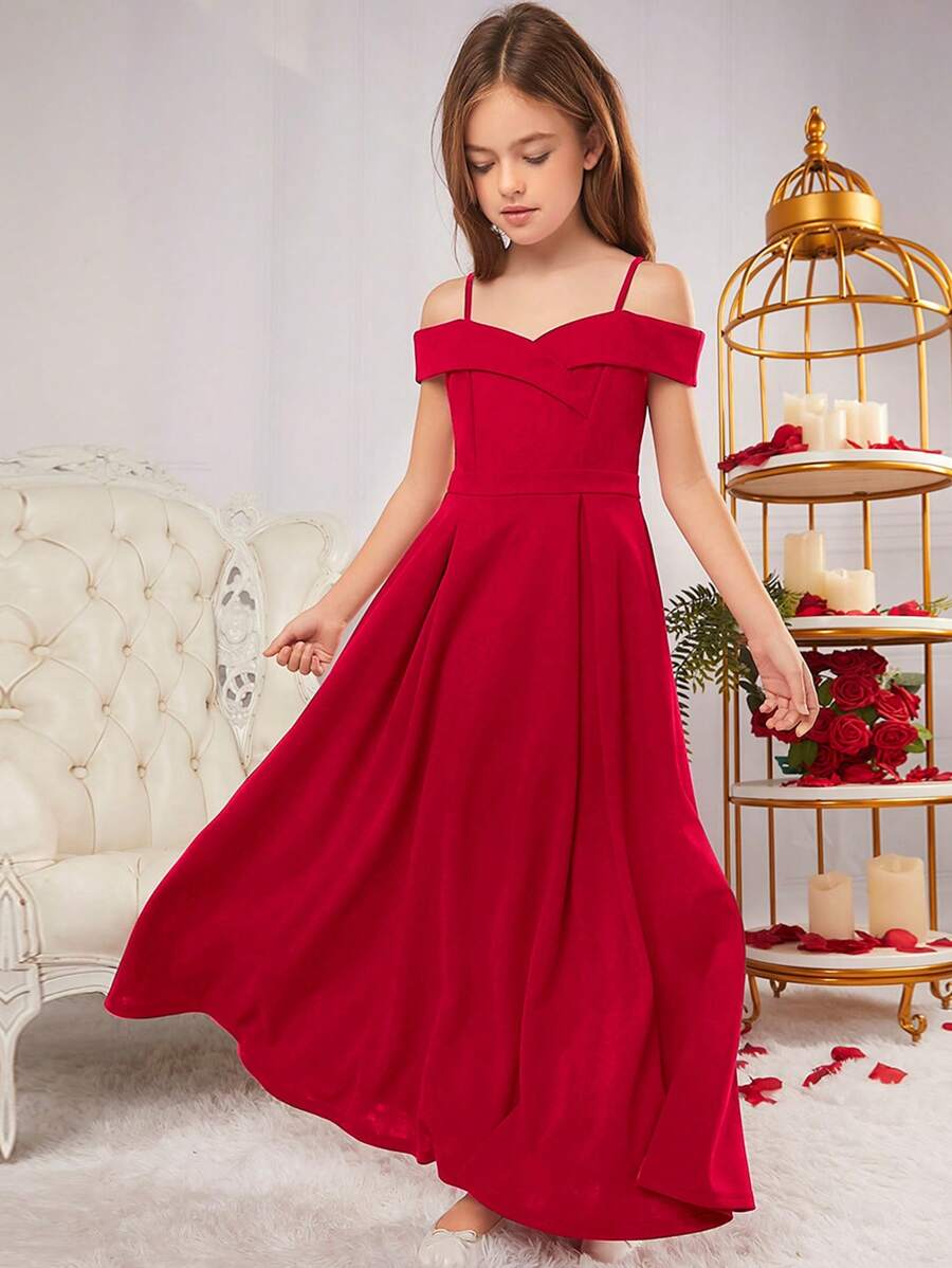 SHEIN Leap Crew Váy dự tiệc không tay dây mảnh quyến rũ thanh lịch cho bé gái tuổi mới lớn, dành cho Giáng sinh - Đỏ - Xem 1