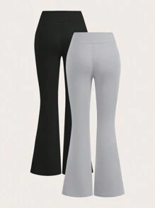 SHEIN EZwear 2pcs Women High Waist Criss-Cross Design Black & Grey Leggings, Casual Fitted Warm Fleece Pants Set For Autumn/Winter