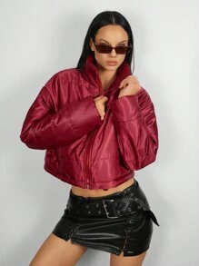 EgrlEra Short Solid Color Zip-Up Long Sleeve Padded Padded Coat, Winter Clothes - Burgundy - View 5