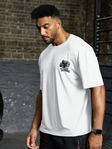 Manfinity Sport Corelite 男友风男士圆领字母印花短袖运动T恤，健身肌肉男友风男士趣味T恤 - 白色 - 查看 3