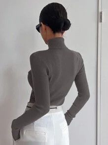 DAZY 女式纯色高领长袖修身毛衣，秋季女装 - 深灰色 - 查看 2