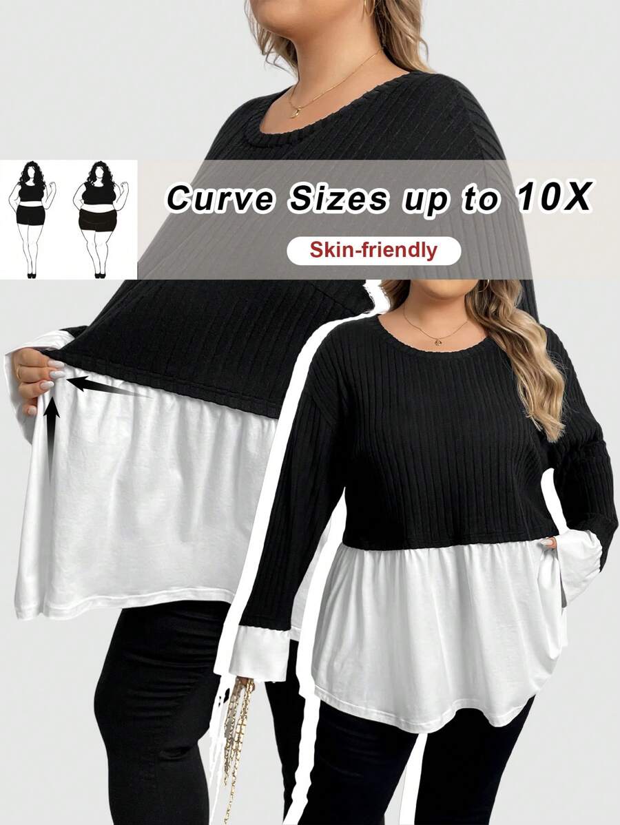 SHEIN CURVE+ Camiseta de manga larga con bloques de color talla grande para mujer, otoño/invierno - Blanco y Negro - Ver 1