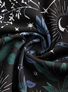 ROMWE Fairycore Hippie Boho Style Loose Straight Wide Leg Elastic Waist Pants With Animal & Floral Print, Plus Size - Black - View 4