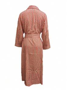 Front Button Closure Geometric Print Long Shirt Dress, Casual Vacation Wear - Orange - View 2