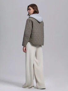 女士撞色长袖前拉链抽绳连帽棉服外套，冬季 - 綠色 - 查看 2