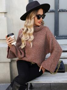 SHEIN LUNE Áo len nữ cổ cao tay dài kiểu dáng tối giản, thích hợp mặc mùa thu đông. - Màu Khaki - Xem 3