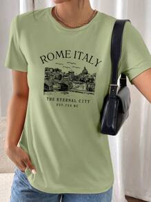 INAWLY 女士休闲圆领短袖 T 恤，带有意大利城市风光印花图案 T 恤女士上衣 - 軍綠色 - 查看 3