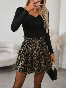 SHEIN Clasi Damen A-Linien Rock mit gefälteltem Volant und Leoprint, Lässig und urlaubsgeeignet