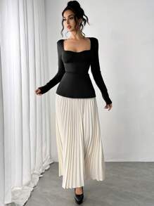 Chiquease Color Block Sweetheart Neck Ruched Waist Long Sleeve Dress For Women Maxi Women Outfit Fall Cloth For Women