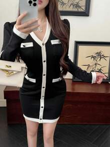DAZY Women's Autumn Elegant Short Colorblock Button Front Bodycon Dress,Mini Dress