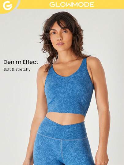 GLOWMODE Denim Effect U-Back Tank Top Low Impact Yoga Pilates Daily Removable Cups