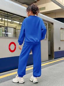 SHEIN Leap Crew 2pcs Teen Girl Knitted Solid Color Embroidered Letter Pattern Crew Neck Long Sleeve Sweatshirt And Sweatpants Set, Casual - Royal Blue - View 6