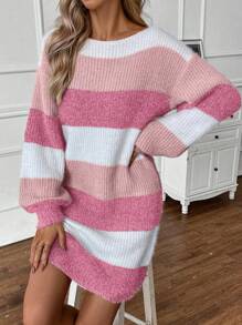 SHEIN LUNE Women Crew Neck Long Sleeve Striped Casual Short Sweater Dress In Fall/Winter - Multicolor - View 3