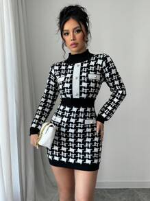 Váy len dáng ôm cổ tròn tay dài họa tiết răng sói thanh lịch dành cho nữ, mùa thu/đông - Nhiều màu - Xem 6