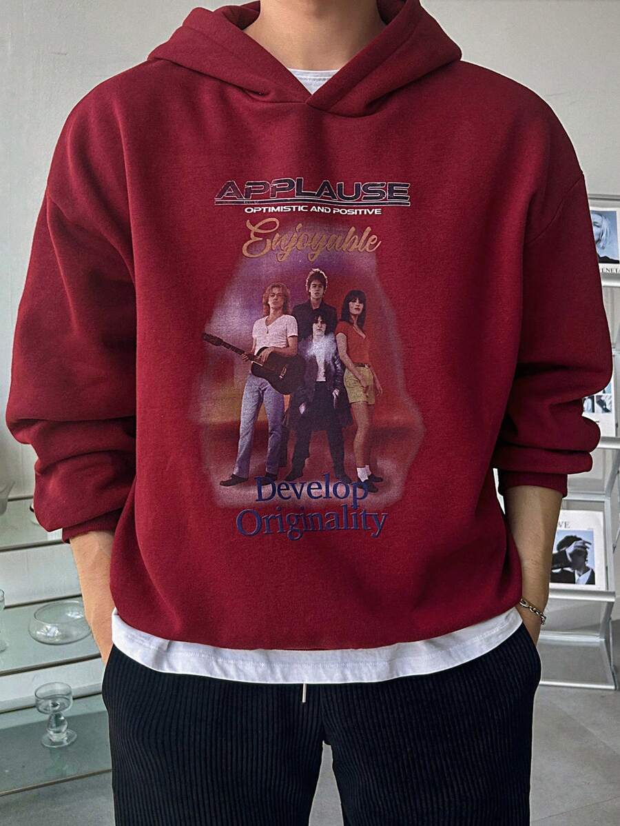 DAZY Men's Casual Oversized Graphic And Slogan Print Drop Shoulder Hoodie Sweatshirt Fall,Winter - Red - View 1