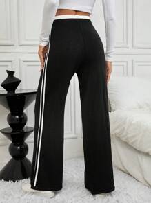SHEIN ChicEase Quần dệt kim ống rộng kẻ sọc tương phản màu đen thường ngày cho nữ - màu đen - Xem 2