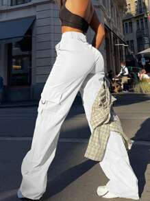 Women's Solid Color Cargo Pocket Straight Loose Casual Trousers - 白色 - 查看 2