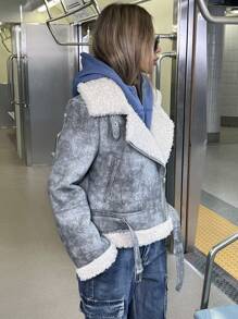 Femmeiva Asymmetrical Pattern Faux Suede & Fur Combine Biker Jacket For Women Fall Cloth For Women - Grey - View 7
