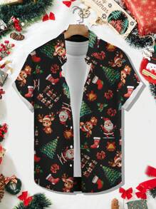 Manfinity Homme Men Christmas Santa Claus Print Graphic Colorful Short Sleeve Casual Loose Shirt, For Vacation, Old Money Men, Family Matching - Black - View 1