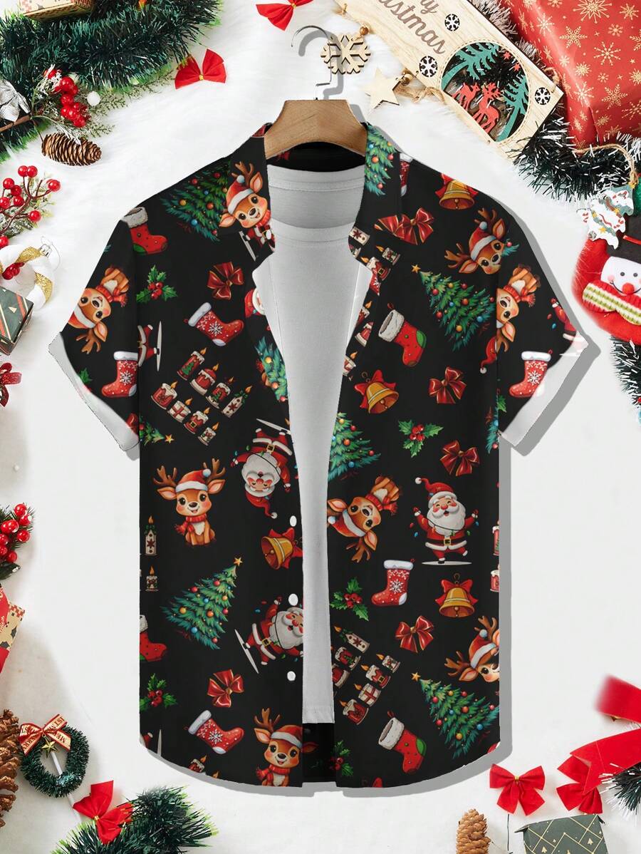 Manfinity Homme Men Christmas Santa Claus Print Graphic Colorful Short Sleeve Casual Loose Shirt, For Vacation, Old Money Men, Family Matching - Black - View 1