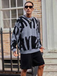 Men's Pattern Print Crew Neck Long Sleeve Sweater And Knit Shorts Casual Loose Suit, Fall/Winter