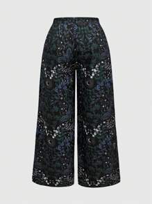 ROMWE Fairycore Hippie Boho Style Loose Straight Wide Leg Elastic Waist Pants With Animal & Floral Print, Plus Size - Black - View 2