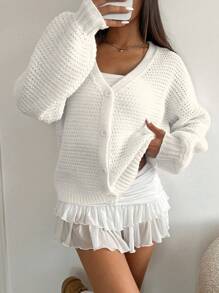 EURMUSE 大码女式纯色落肩长袖单排扣宽松休闲针织开衫 - 白色 - 查看 4