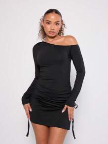 MUSERA Asymmetrical Neck Long Sleeve Mini Dress Spring Sexy Cute Summer  New Year Thanksgiving Winter Fall - Black - View 1