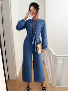 Chiquease Crew Neck Cinched Waist Long Sleeve Jumpsuit - Blue - View 3