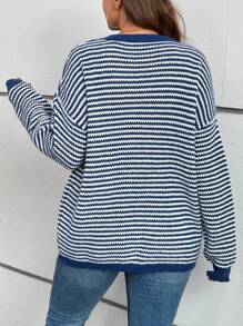 SHEIN LUNE Plus Size Women Crew Neck Long Sleeve Simple Casual Striped Pullover Sweater - Blue and White - View 2