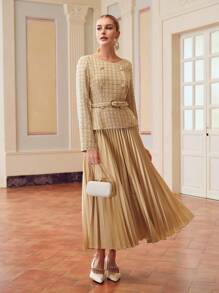 ZEYLAH 粗花呢紧身胸衣褶边扣带腰带二合一长裙 - 杏色 - 查看 5