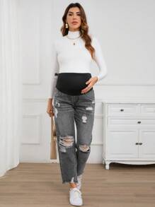 SHEIN Maternity Casual Ripped Washed Denim Jeans, Suitable For Spring And Autumn - Dark Grey - View 6