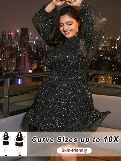 SHEIN CURVE+ Plus Keyhole Back Sheer Sleeve Dress
