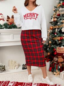 SHEIN LUNE Plus Size Christmas Women Clothes Merry Christmas Lettering Print Co-Ords Christmas Costume Women Clothes Red Dress Holiday Dress Holiday Dress New Years Women Outfit - Multicolor - View 5