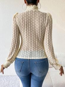 Chiquease Women's Solid Color See-Through Lace Stand Collar Long Sleeve Top - Apricot - View 2