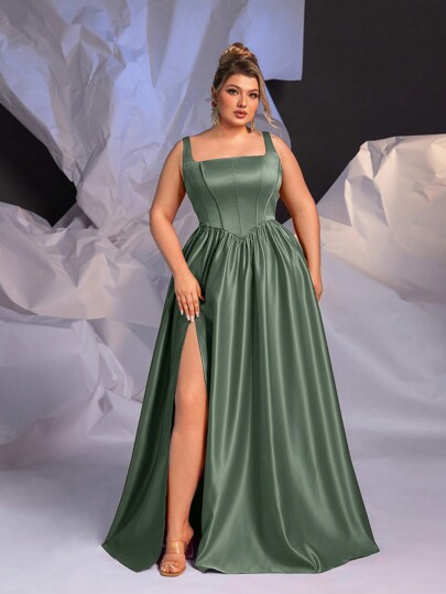 Glamrae Plus Size Elegant Simple Sophisticated Fitted Mermaid Waist Tie Back Asymmetrical Waistline Oversized Flared Dress With High Slit, Suitable For Graduation, Singles' Party, Wedding, Formal Events, Evening Gown, Prom Dress, For Wedding Guest, Dinner