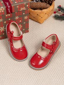 Zapatos de tipo Mary Jane con moño para niñas en Navidad, bailarinas suaves y cómodas para niños